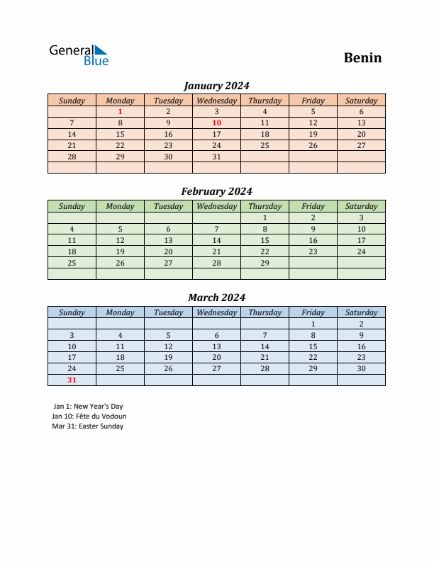 Q1 2024 Holiday Calendar - Benin