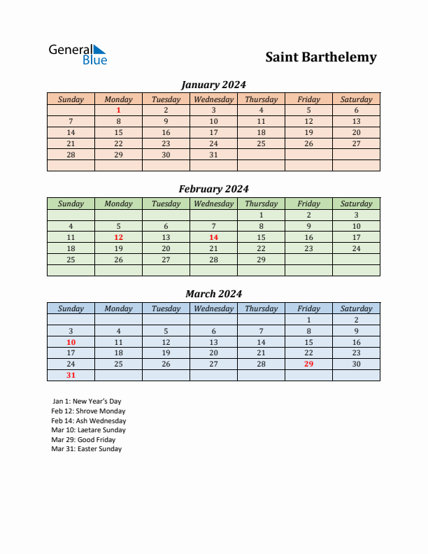 Q1 2024 Holiday Calendar - Saint Barthelemy