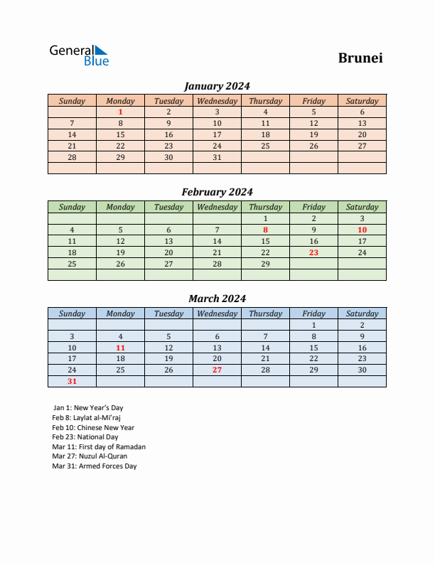 Q1 2024 Holiday Calendar - Brunei