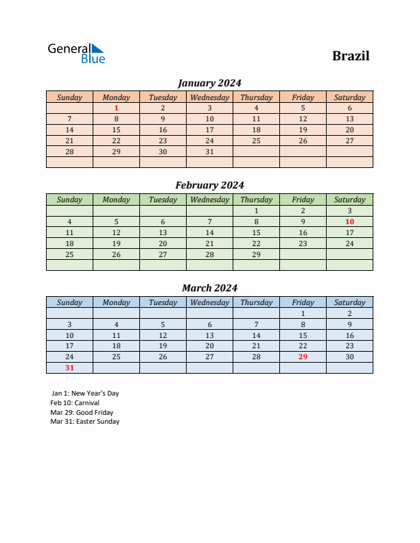 Q1 2024 Holiday Calendar - Brazil