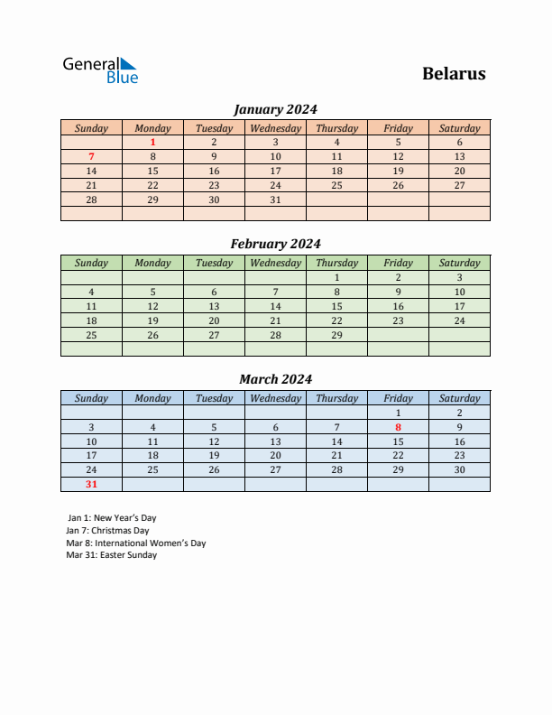 Q1 2024 Holiday Calendar - Belarus