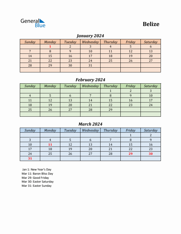 Q1 2024 Holiday Calendar - Belize