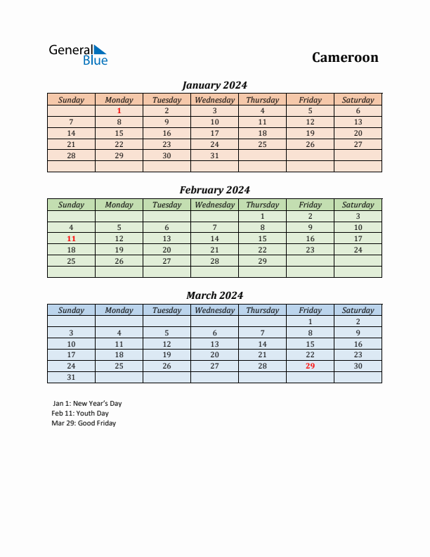 Q1 2024 Holiday Calendar - Cameroon