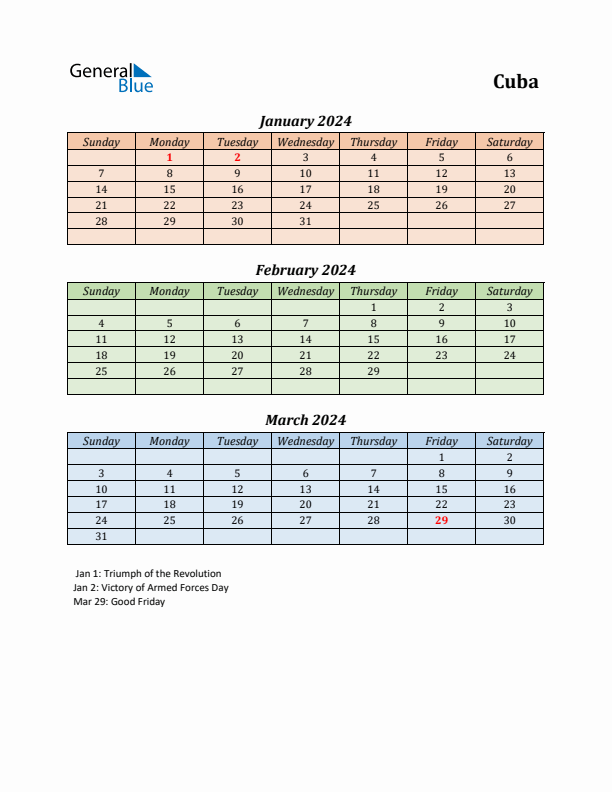 Q1 2024 Holiday Calendar - Cuba