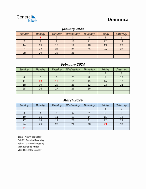 Q1 2024 Holiday Calendar - Dominica