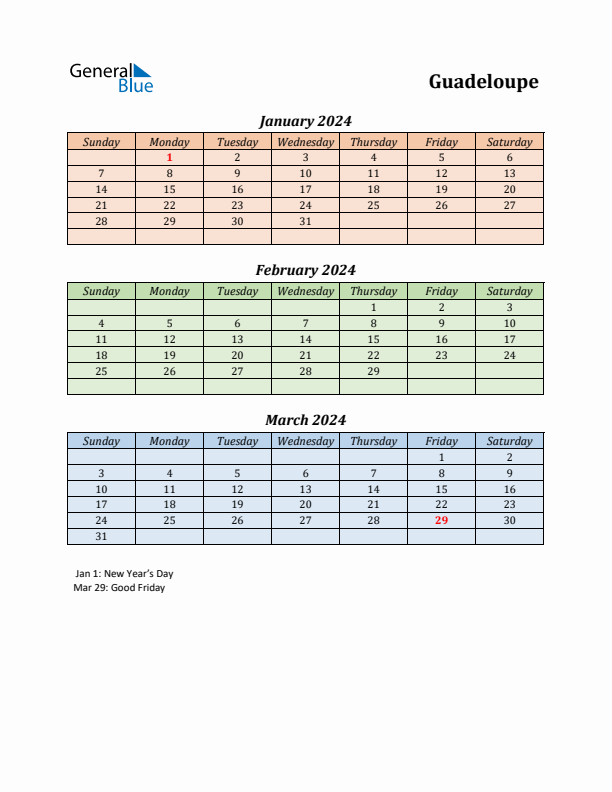 Q1 2024 Holiday Calendar - Guadeloupe