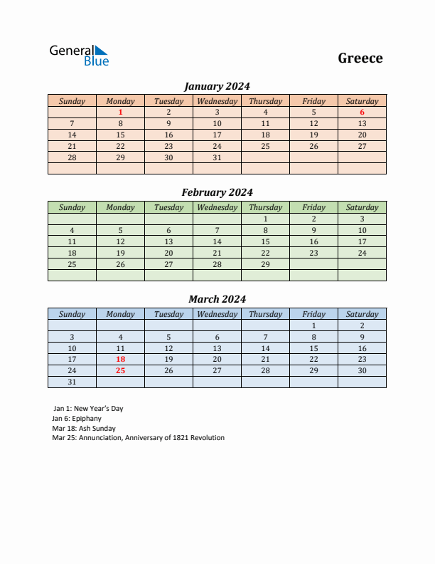 Q1 2024 Holiday Calendar - Greece