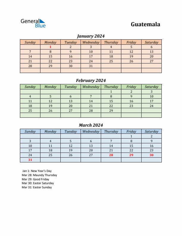 Q1 2024 Holiday Calendar - Guatemala