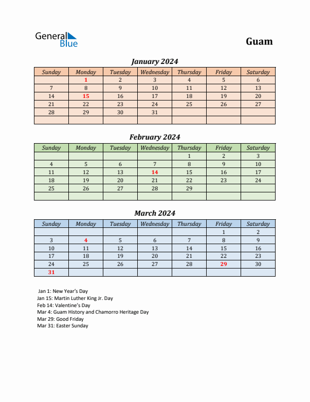 Q1 2024 Holiday Calendar - Guam