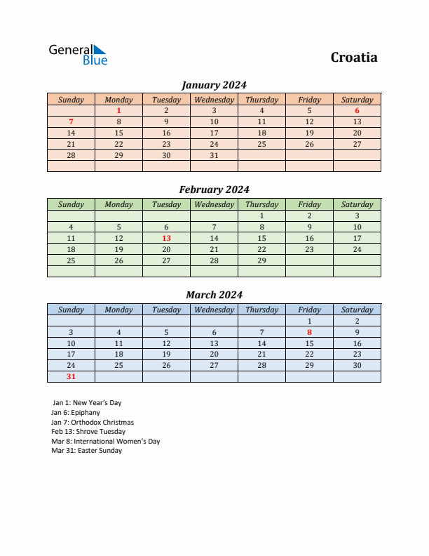 Q1 2024 Holiday Calendar - Croatia