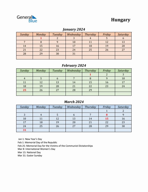 Q1 2024 Holiday Calendar - Hungary