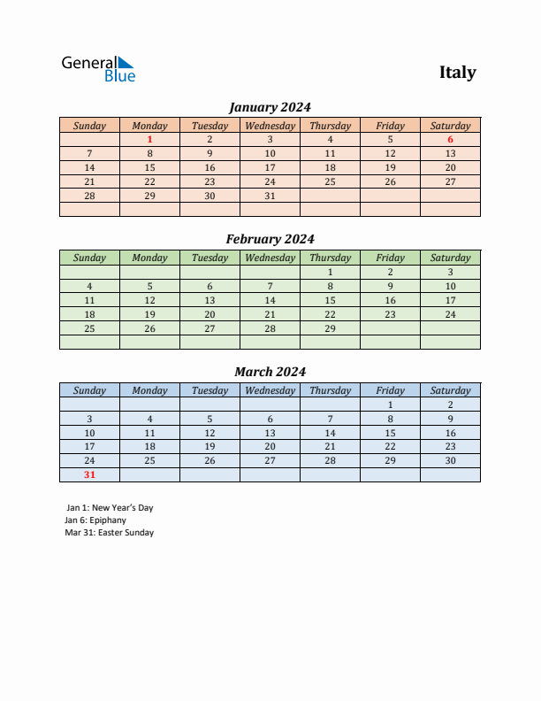 Q1 2024 Holiday Calendar - Italy