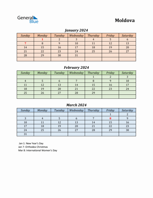 Q1 2024 Holiday Calendar - Moldova