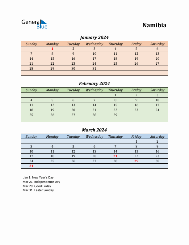 Q1 2024 Holiday Calendar - Namibia