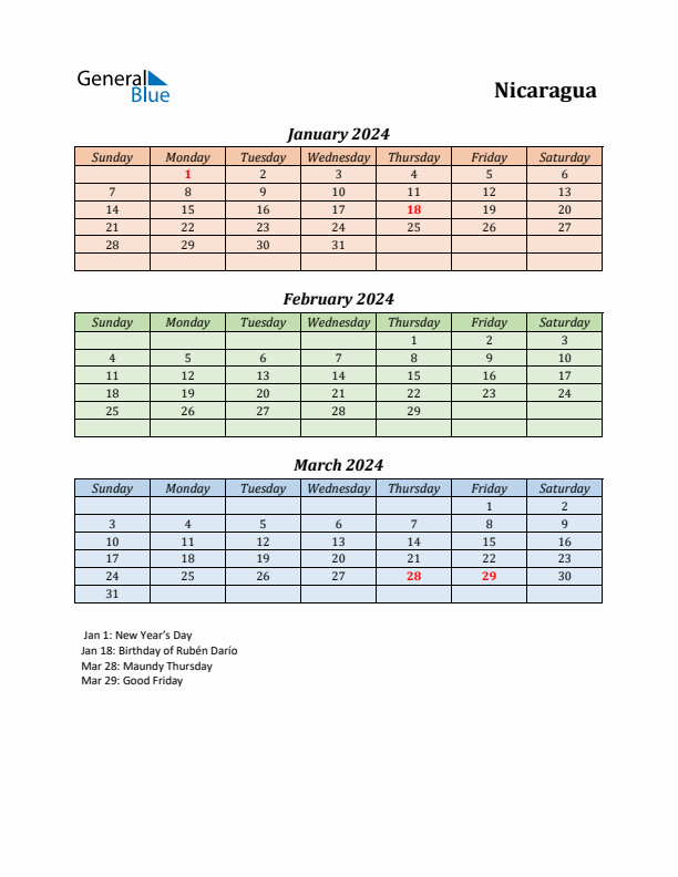 Q1 2024 Holiday Calendar - Nicaragua