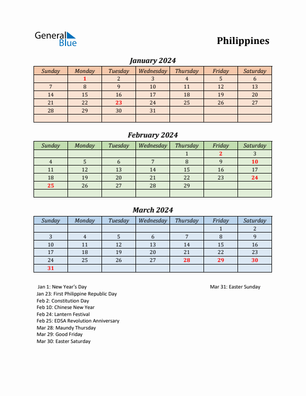 Q1 2024 Holiday Calendar - Philippines