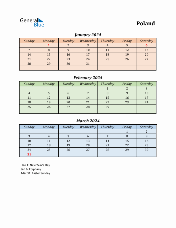 Q1 2024 Holiday Calendar - Poland