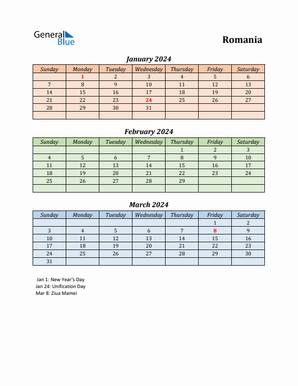 Q1 2024 Holiday Calendar - Romania