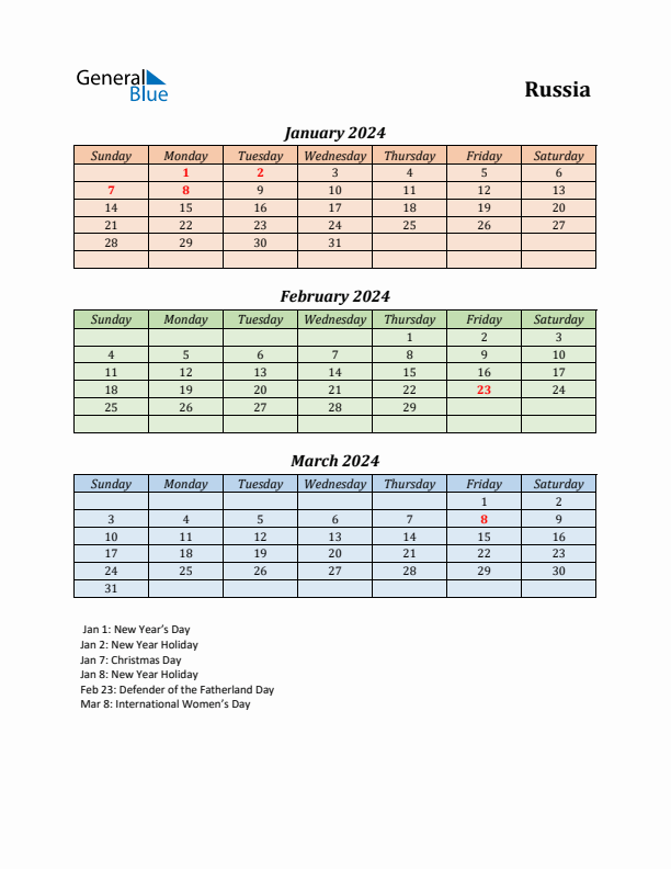 Q1 2024 Holiday Calendar - Russia