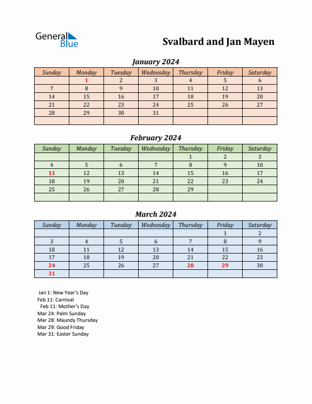 Q1 2024 Holiday Calendar - Svalbard and Jan Mayen