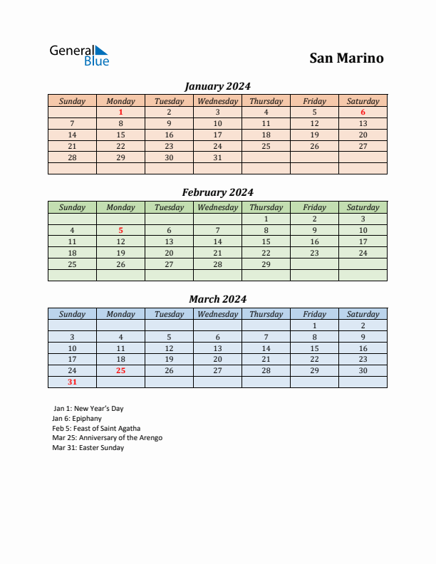 Q1 2024 Holiday Calendar - San Marino