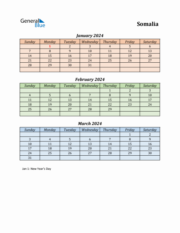 Q1 2024 Holiday Calendar - Somalia