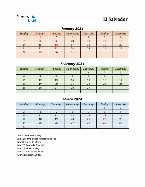 Q1 2024 Holiday Calendar - El Salvador