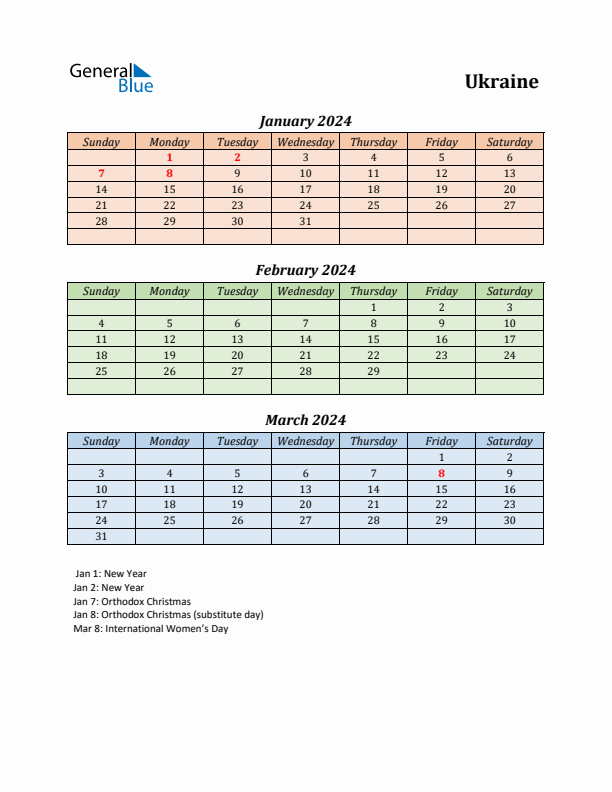 Q1 2024 Holiday Calendar - Ukraine