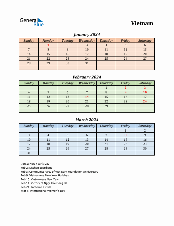 Q1 2024 Holiday Calendar - Vietnam