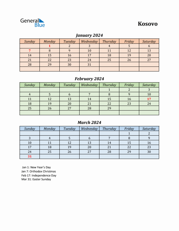 Q1 2024 Holiday Calendar - Kosovo