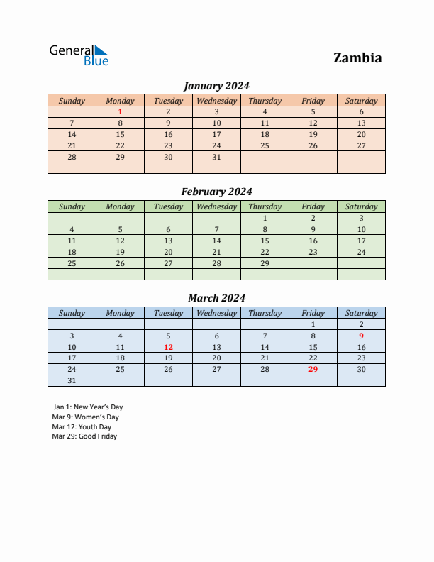 Q1 2024 Holiday Calendar - Zambia