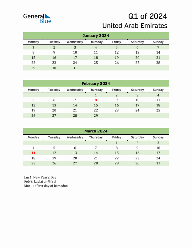 Quarterly Calendar 2024 with United Arab Emirates Holidays