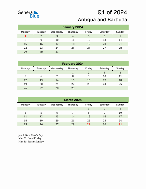 Quarterly Calendar 2024 with Antigua and Barbuda Holidays