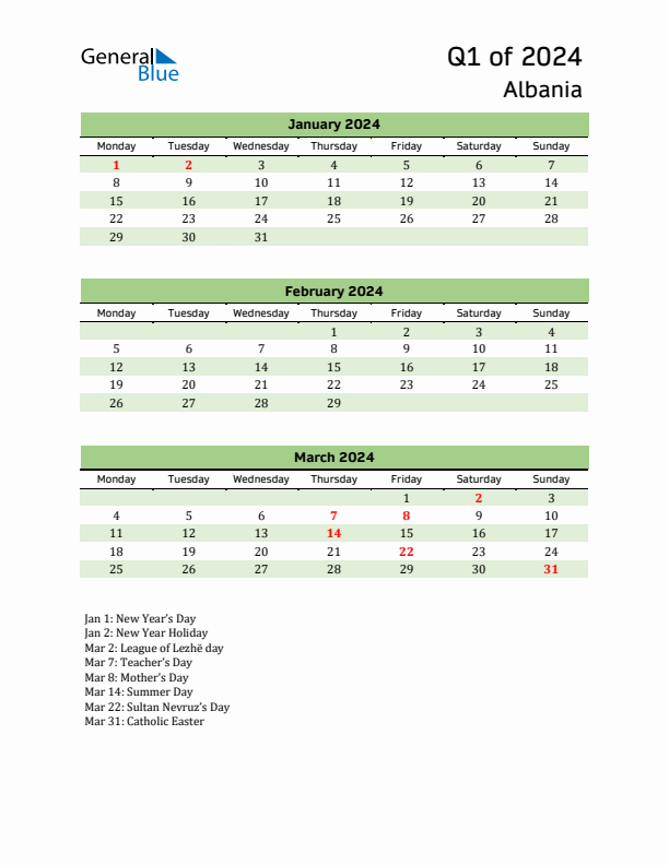 Quarterly Calendar 2024 with Albania Holidays