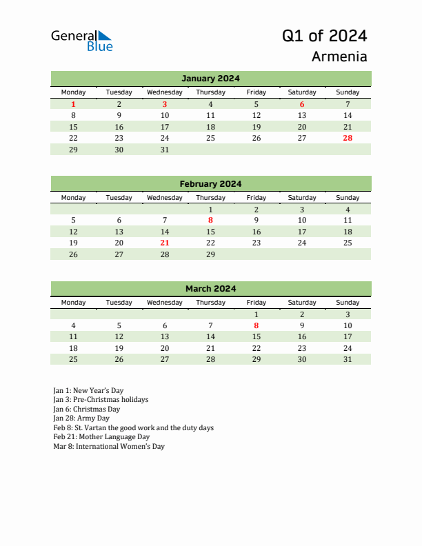 Quarterly Calendar 2024 with Armenia Holidays