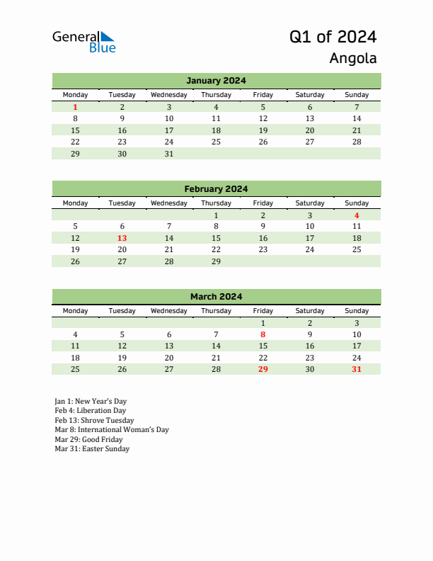 Quarterly Calendar 2024 with Angola Holidays