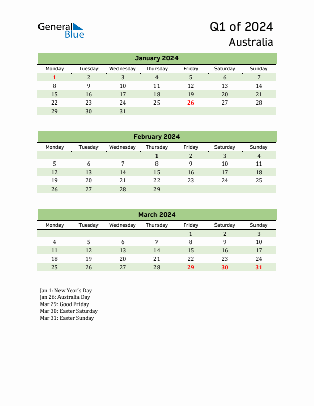 Quarterly Calendar 2024 with Australia Holidays