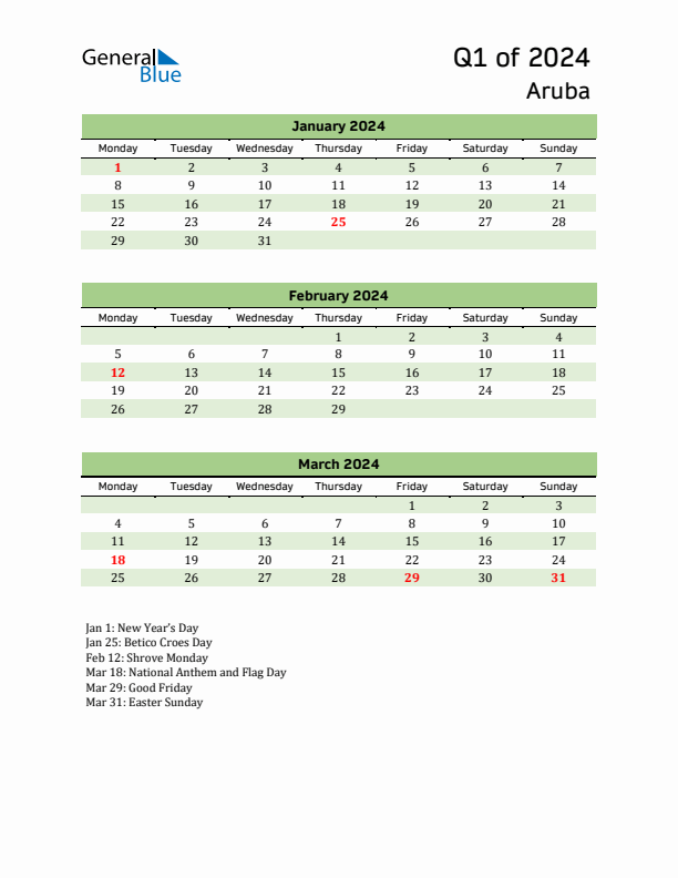 Quarterly Calendar 2024 with Aruba Holidays