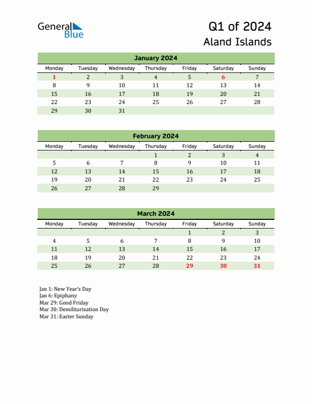 Quarterly Calendar 2024 with Aland Islands Holidays