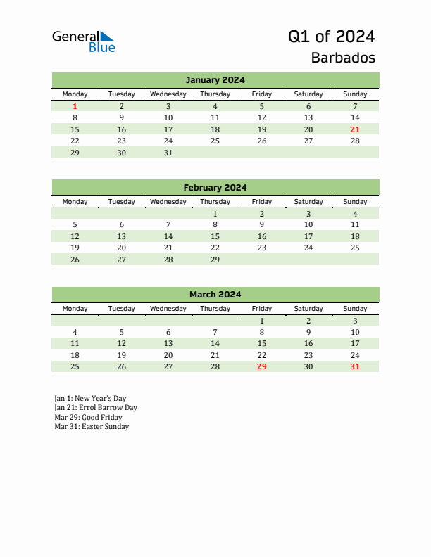 Quarterly Calendar 2024 with Barbados Holidays