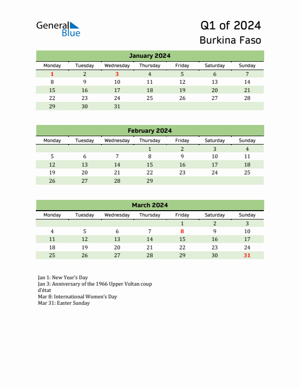 Quarterly Calendar 2024 with Burkina Faso Holidays