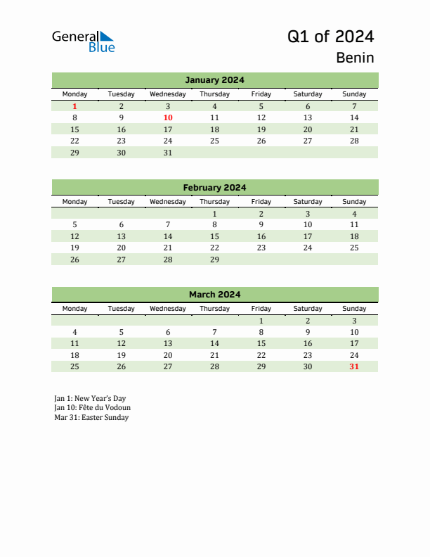 Quarterly Calendar 2024 with Benin Holidays