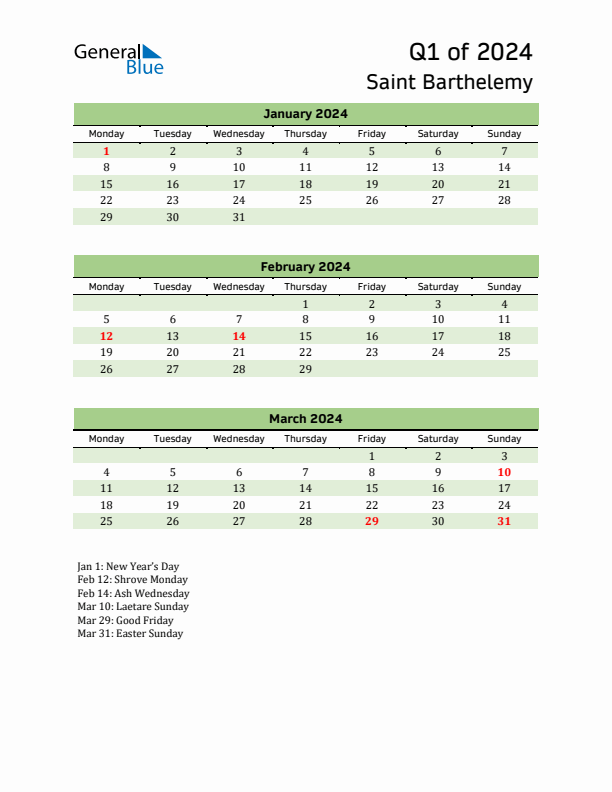 Quarterly Calendar 2024 with Saint Barthelemy Holidays