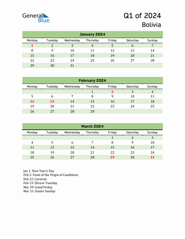 Quarterly Calendar 2024 with Bolivia Holidays