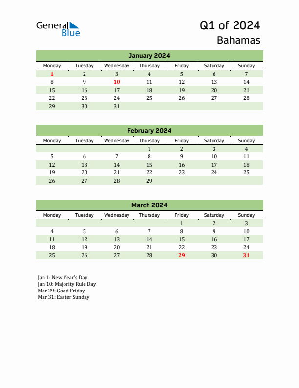 Quarterly Calendar 2024 with Bahamas Holidays