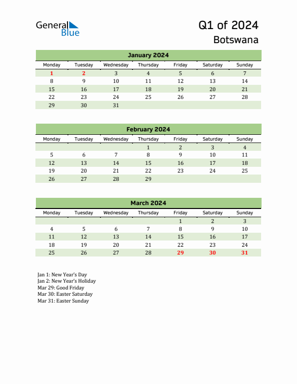 Quarterly Calendar 2024 with Botswana Holidays