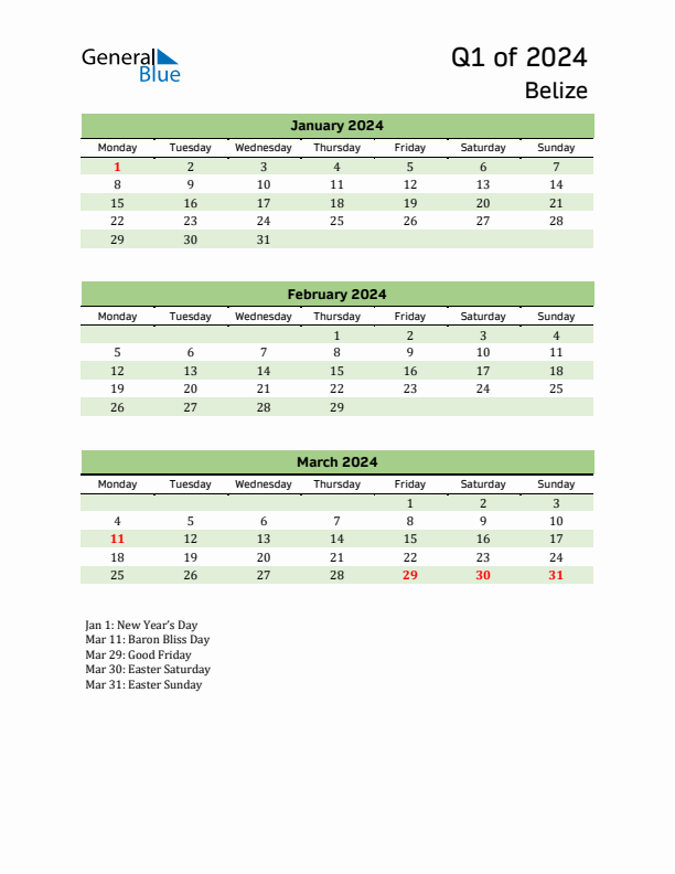 Quarterly Calendar 2024 with Belize Holidays