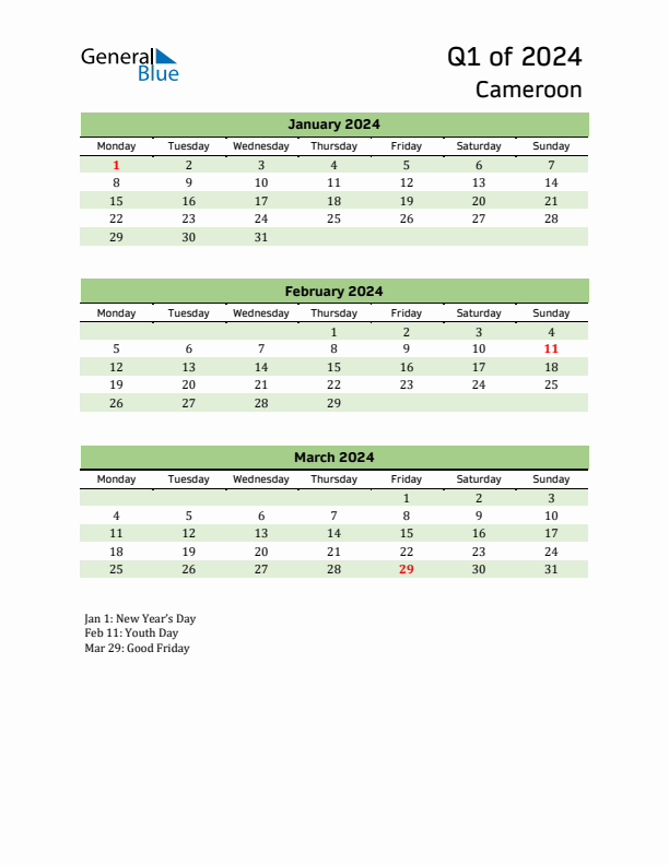 Quarterly Calendar 2024 with Cameroon Holidays