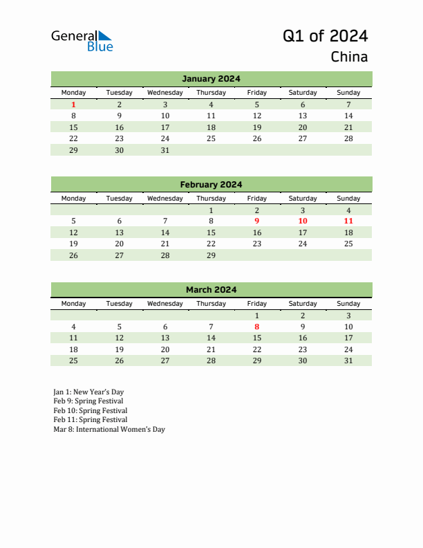 Quarterly Calendar 2024 with China Holidays