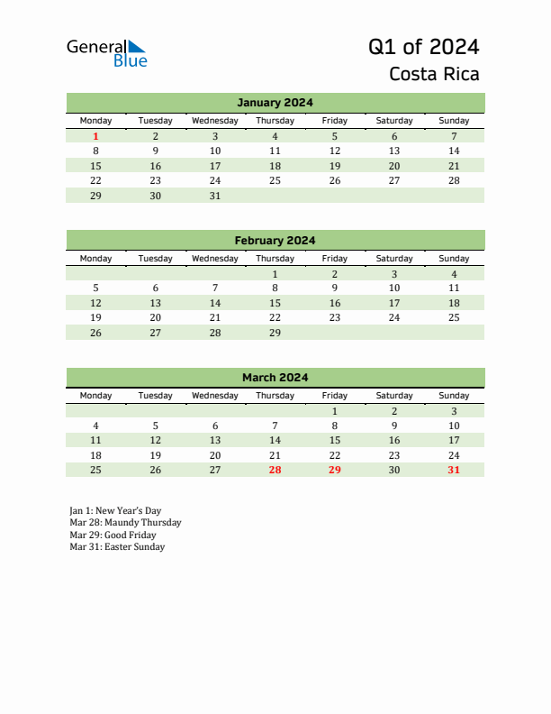 Quarterly Calendar 2024 with Costa Rica Holidays